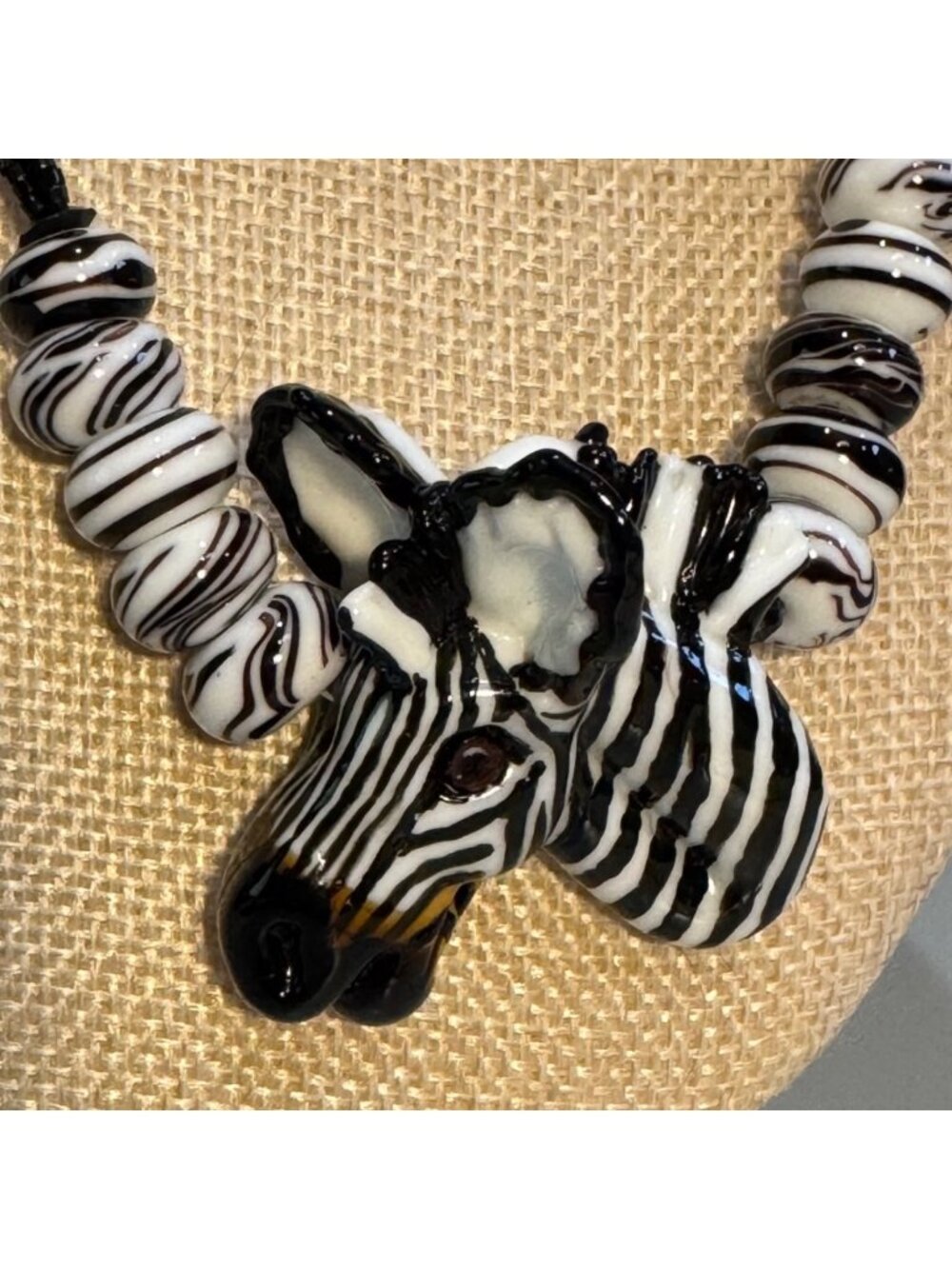 Handcrafted Glass Zebra Necklace Black & White Beads Signed 2002 Adjustable - Picture 2 of 10